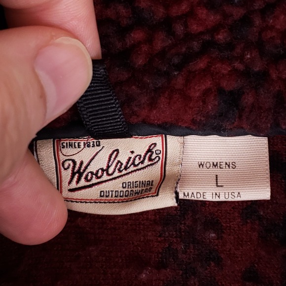 Vintage Woolrich Women's Sherpa Fleece Pullover Large Burgundy Fair Isle Pattern - Picture 5 of 10
